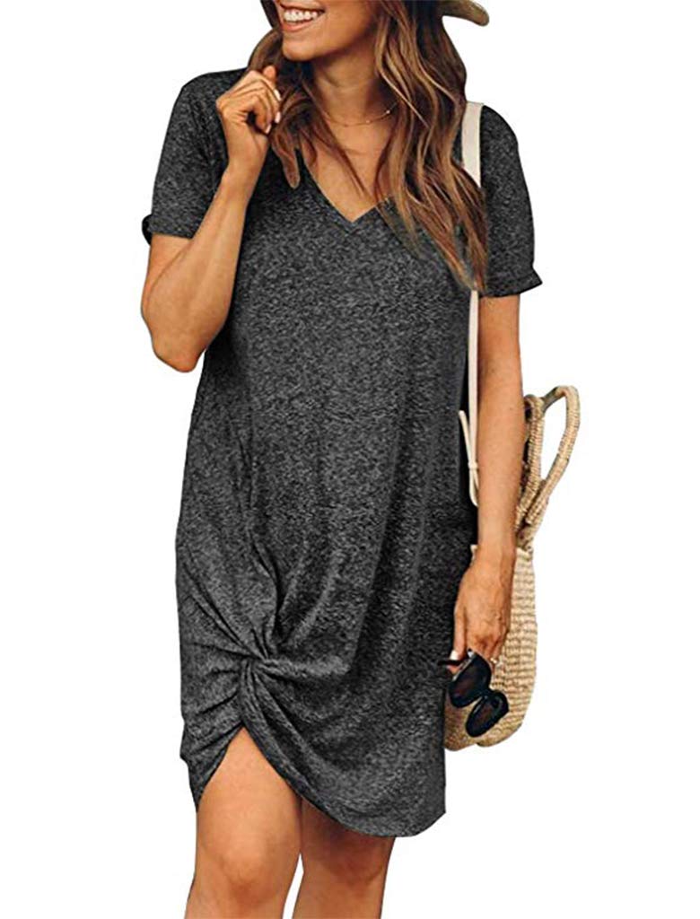 Locryz Short Sleeve Tshirt Dress for Women Sexy Side Knot Mini Dresses S Dark Grey - Image 1